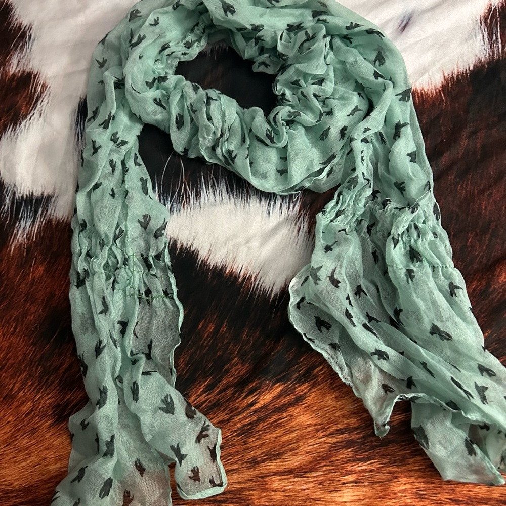 Elegant Mint Green Scarf with Black Bird Pattern